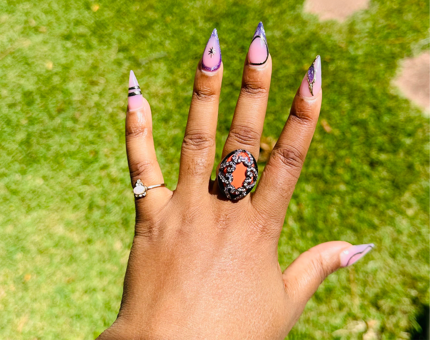 Ruthenium Brass Ring with Synthetic Cat Eye in Orange