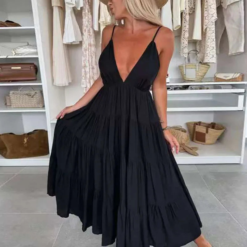 New Summer Chic Sleeveless Hollow Out Holiday Dress Sexy Deep V-Neck Backless Long Dress Woman Elegant Solid Pleated Party Dress