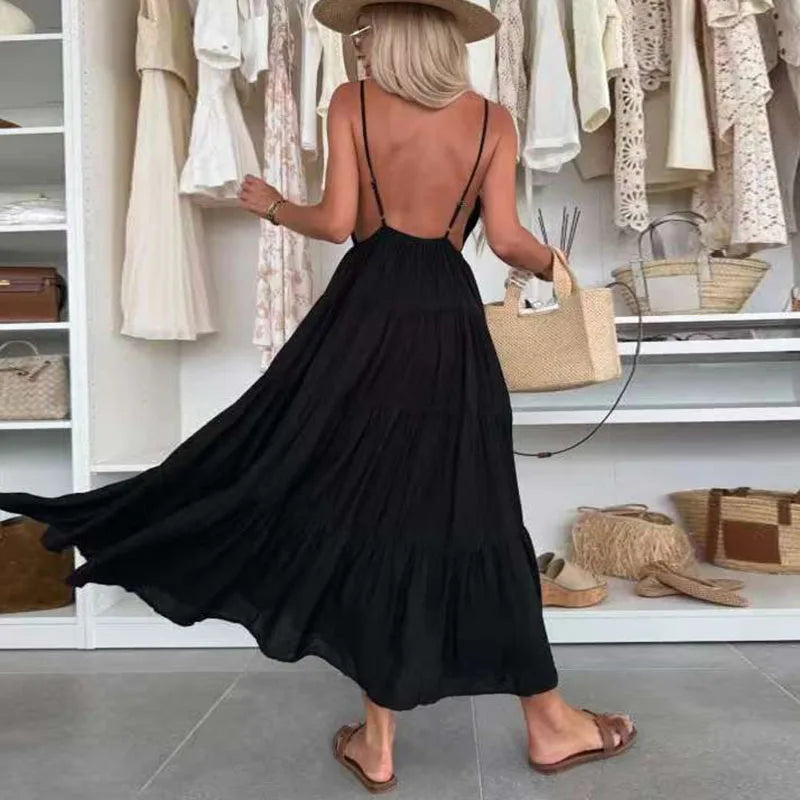 New Summer Chic Sleeveless Hollow Out Holiday Dress Sexy Deep V-Neck Backless Long Dress Woman Elegant Solid Pleated Party Dress