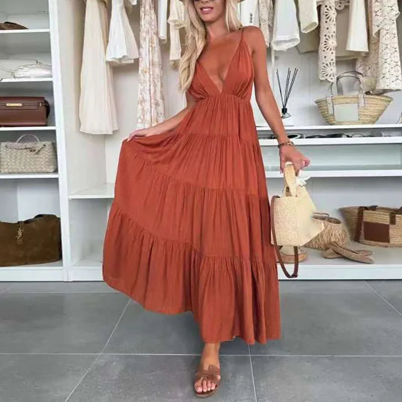 New Summer Chic Sleeveless Hollow Out Holiday Dress Sexy Deep V-Neck Backless Long Dress Woman Elegant Solid Pleated Party Dress