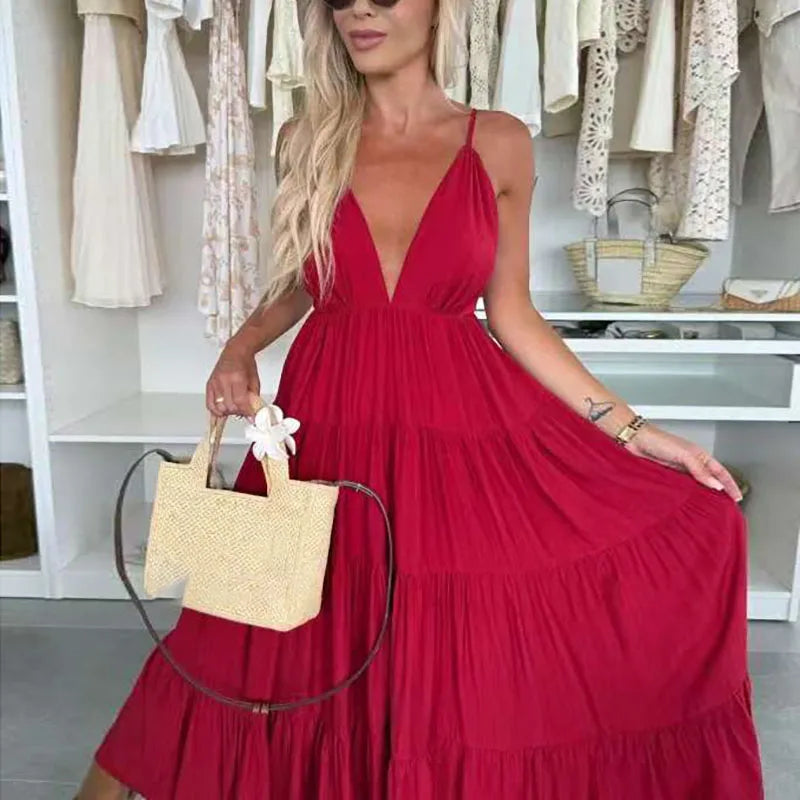 New Summer Chic Sleeveless Hollow Out Holiday Dress Sexy Deep V-Neck Backless Long Dress Woman Elegant Solid Pleated Party Dress