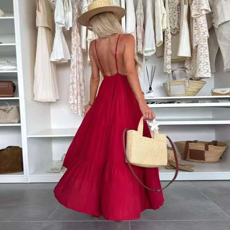 New Summer Chic Sleeveless Hollow Out Holiday Dress Sexy Deep V-Neck Backless Long Dress Woman Elegant Solid Pleated Party Dress