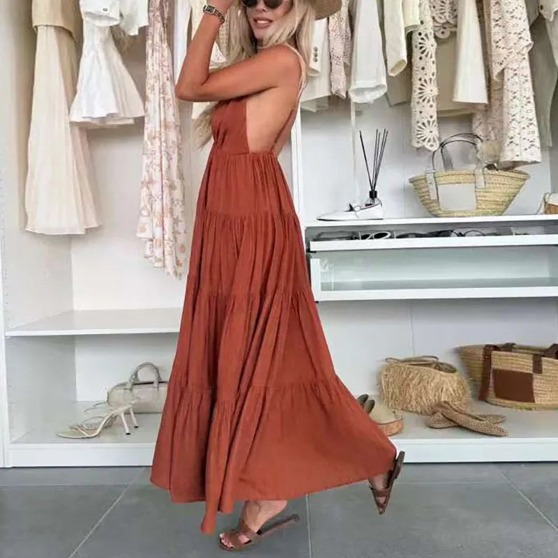 New Summer Chic Sleeveless Hollow Out Holiday Dress Sexy Deep V-Neck Backless Long Dress Woman Elegant Solid Pleated Party Dress