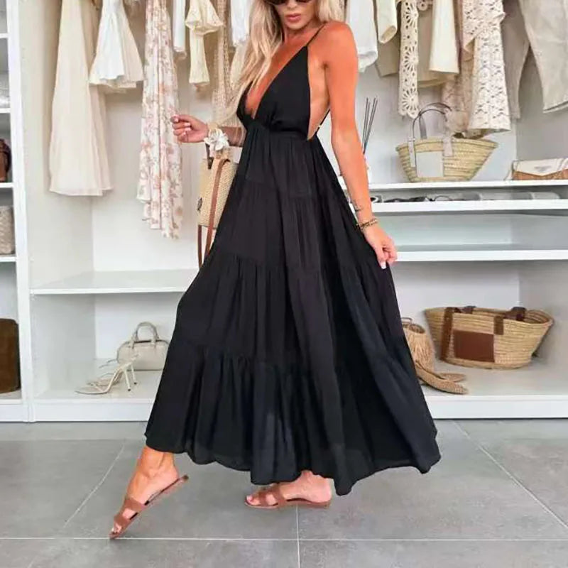 New Summer Chic Sleeveless Hollow Out Holiday Dress Sexy Deep V-Neck Backless Long Dress Woman Elegant Solid Pleated Party Dress