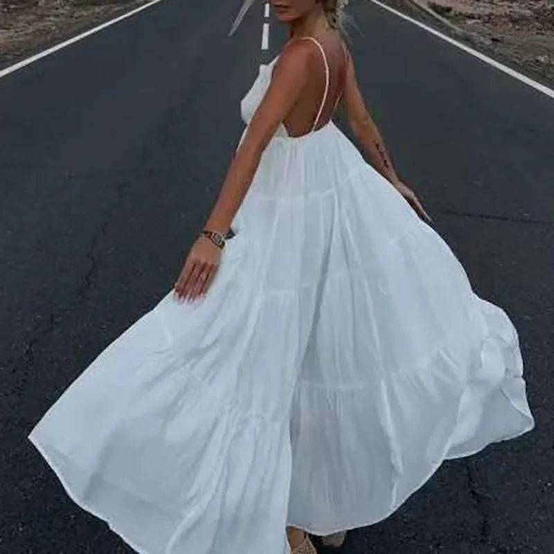 New Summer Chic Sleeveless Hollow Out Holiday Dress Sexy Deep V-Neck Backless Long Dress Woman Elegant Solid Pleated Party Dress