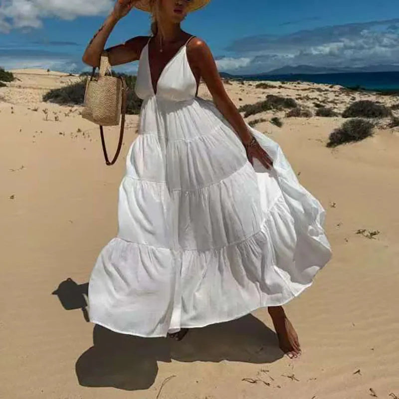 New Summer Chic Sleeveless Hollow Out Holiday Dress Sexy Deep V-Neck Backless Long Dress Woman Elegant Solid Pleated Party Dress