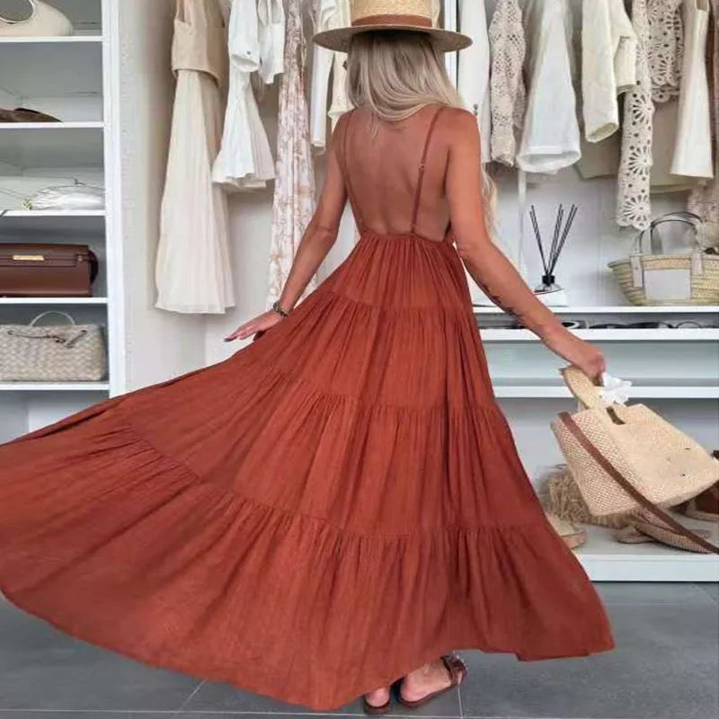 New Summer Chic Sleeveless Hollow Out Holiday Dress Sexy Deep V-Neck Backless Long Dress Woman Elegant Solid Pleated Party Dress