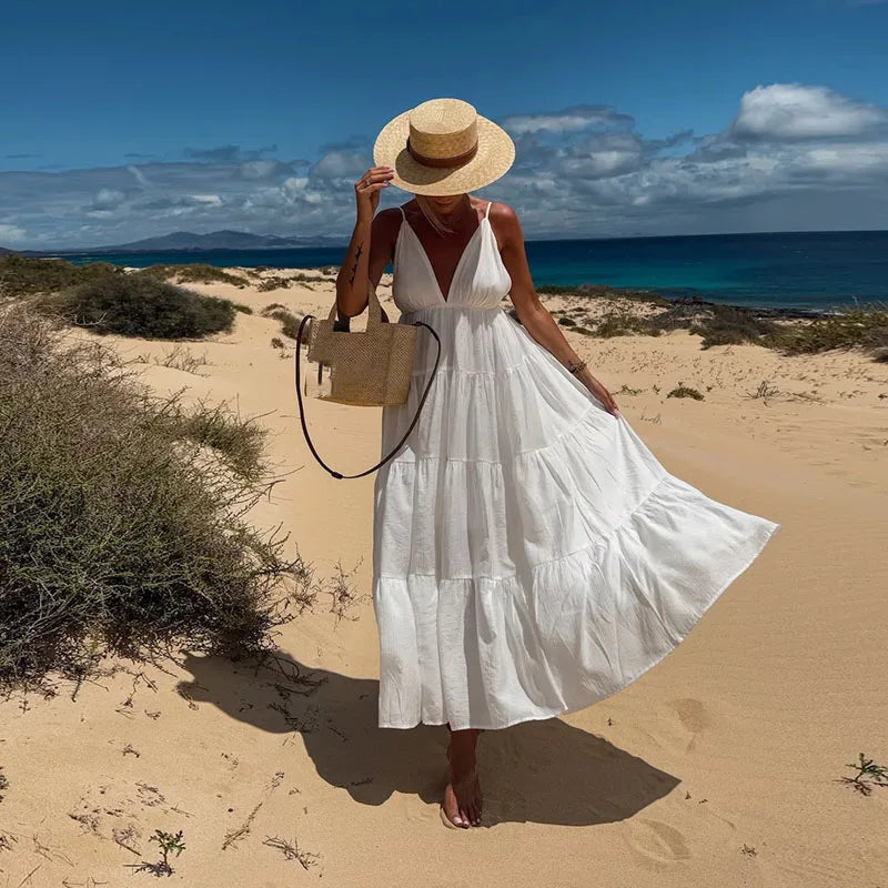 New Summer Chic Sleeveless Hollow Out Holiday Dress Sexy Deep V-Neck Backless Long Dress Woman Elegant Solid Pleated Party Dress