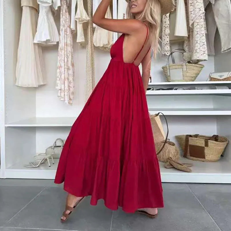 New Summer Chic Sleeveless Hollow Out Holiday Dress Sexy Deep V-Neck Backless Long Dress Woman Elegant Solid Pleated Party Dress