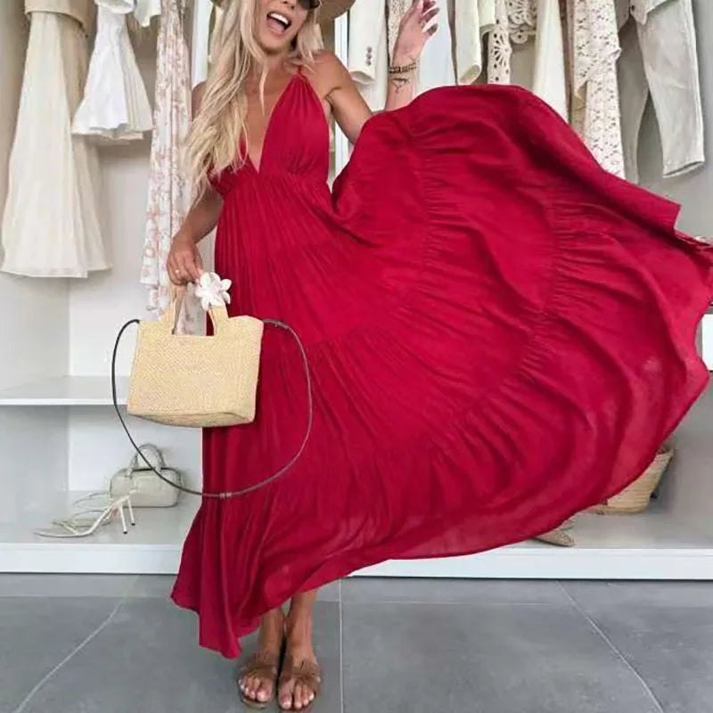 New Summer Chic Sleeveless Hollow Out Holiday Dress Sexy Deep V-Neck Backless Long Dress Woman Elegant Solid Pleated Party Dress