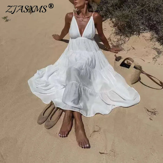 New Summer Chic Sleeveless Hollow Out Holiday Dress Sexy Deep V-Neck Backless Long Dress Woman Elegant Solid Pleated Party Dress